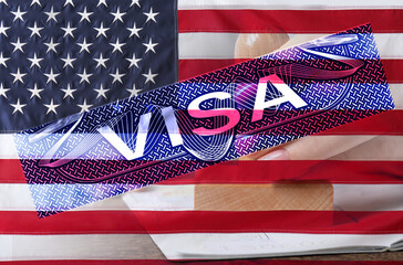 Visa to United States of America, multiple exposure with national flag of USA