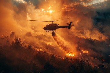 Fototapeta premium Striking image of a helicopter releasing water to extinguish a wild fire, capturing the intensity of natural disasters