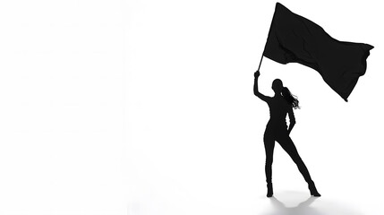 Silhouette of a woman holding a black flag in the air, standing triumphant and proud, isolated on white background