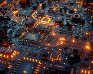 Obraz premium Illuminate the heart of technology by showcasing the symphony of connections and components in a visually striking wide-angle shot 