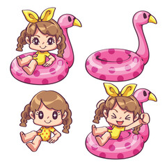 Cartoon illustration of cute girl with flamingo swimming ring. She had fun playing in the water. Use this cartoon file for such as designs on t-shirts, carg, stickers and many others.