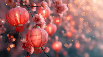 Chinese new year celebration in Asia. Pink, red and golden lantern on Japanese sakura tree for Lunar new year party. Background with glitter and bokeh lights. Cherry tree blossom.