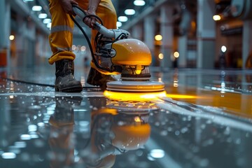 A diligent worker in safety gear expertly polishes a shiny floor with an industrial buffer machine in an expansive hall