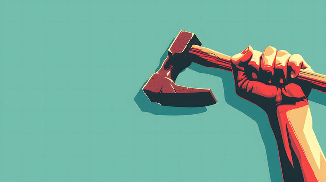 A hand holding a large hammer tightly , in a blue background, labor day background image