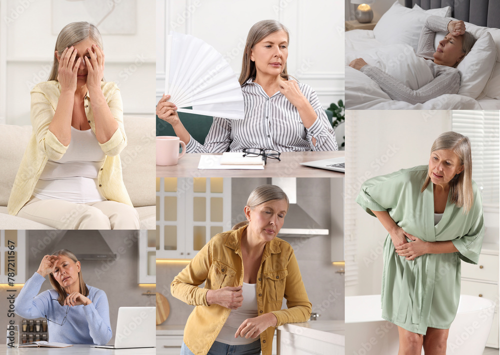 Wall mural Menopause, collage with photos of woman suffering from different symptoms