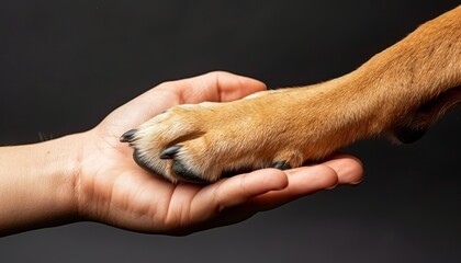 Bond of love  human hand and dog paw touch gently, symbolizing friendship and connection
