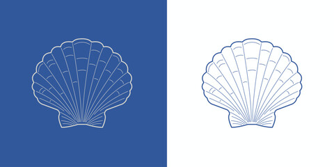 line art vector illustration of seashell isolated on dark blue and white background. stylish minimalistic png image of ocean shell. shape of fan seashell in vintage style