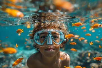 A young boy is snorkeling underwater surrounded by vibrant orange fish with a clear view of his goggles and awe - obrazy, fototapety, plakaty