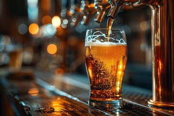 Glowing with an inviting amber light, the beer glass casts a warm illumination over the bar, making for a cozy and welcoming drinking scene