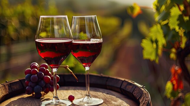 two glasses of wine on the background of a field of grapes Selective focus