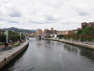 Nervion river and promenade in European Bilbao city in Spain