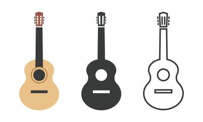 Classical guitar icon in different styles. Colored, black icon, and line icon. Guitar icon pictogram in flat, silhouette, linear style. Simple vector design sign, symbol, logo for music app, web