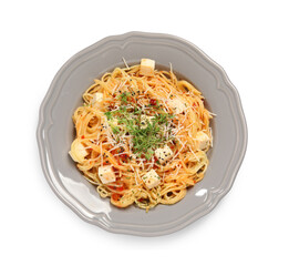 Vegetarian meal. Tasty pasta with fresh microgreens and cheese isolated on white, top view