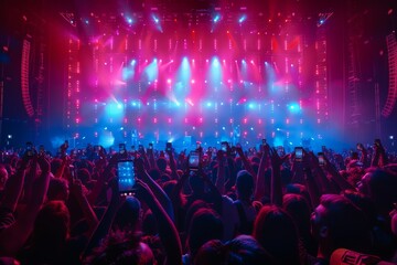A sea of spectators bathed in red light enjoys a spectacular music concert