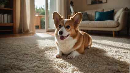 Small and adorable Corgi with its signature short legs and large ears in a cozy home environment