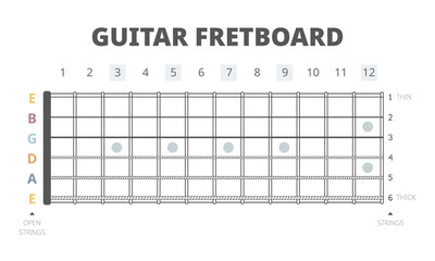 Guitar fretboard chart vector illustration. Guitar neck map with frets and six strings from the thickest to the thinnest. Guitar chart for beginners to learn about fretboard and strings on the guitar