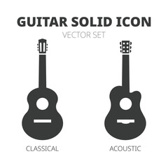 Guitar black icon set. Classical guitar and acoustic guitar silhouette icons vector illustration isolated on white background. Simple vector design icon for studio web, app, branding
