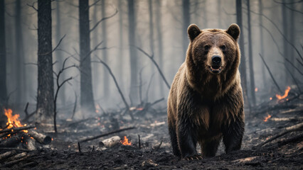Bear in forest after fire. Generative AI