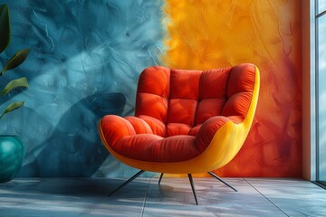 Striking orange armchair juxtaposed with an expressive blue and orange textured wall, evoking...