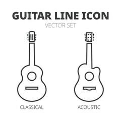 Guitar line icon set. Classical guitar and acoustic guitar outline icons vector illustration isolated on white background. Simple vector design icon for studio web, app, branding