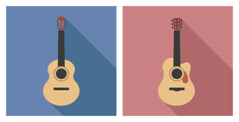 Set of guitar icon with long shadows. Classical guitar and acoustic guitar colored icons flat vector illustration isolated on white background. Simple vector design icon for studio web, app, branding