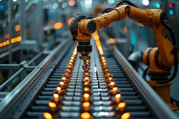 Futuristic robotic arms engaging with glowing products on a high-tech assembly line