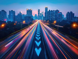 Fototapeta premium At night, the trajectory of car taillights on city streets.