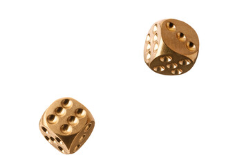 Two golden dice in air on white background
