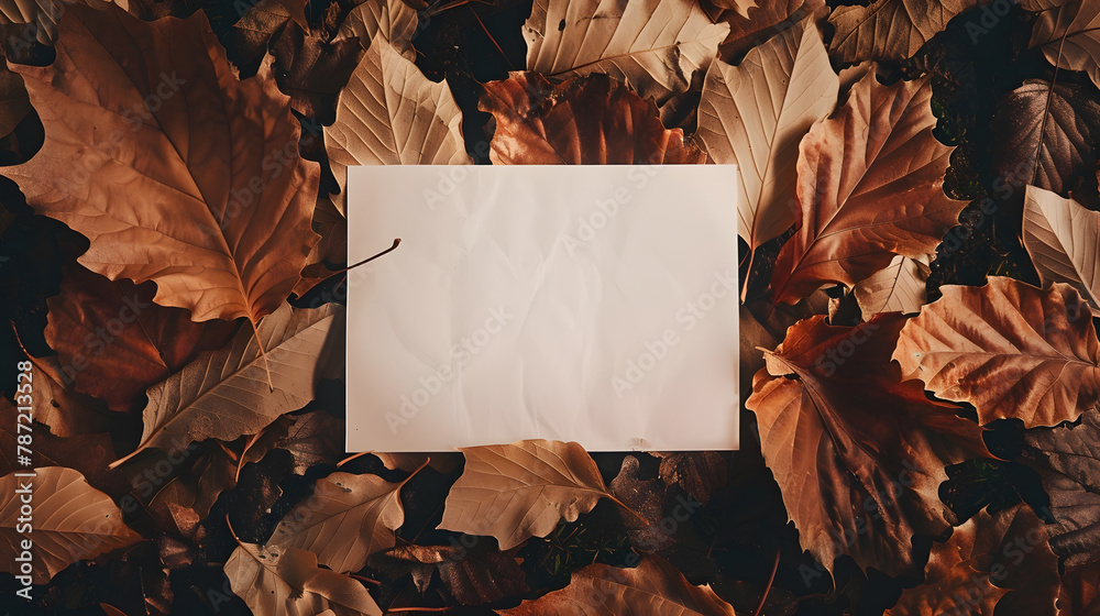 Aufkleber Autumn composition with paper blank and dried leaves on table Flat lay top view copy space : Generative AI