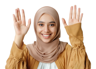 Young muslim woman waving hand smile clothing apparel