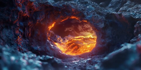 A vibrant image capturing the fiery flow of lava through the rugged textures of a volcanic cave, symbolizing raw power