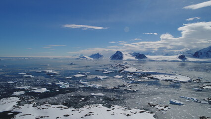 Arctic Epic Ocean Mountain Landscape Aerial View. North Antarctica Open Water Coast Majestic...