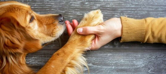 Close connection  human hand and dog paw touch in gesture of love and friendship