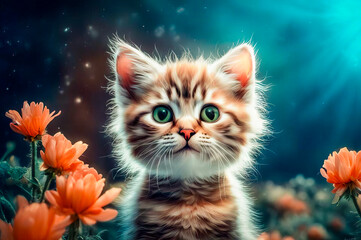 Portrait of a cute and touching kitten on a fantastic floral background