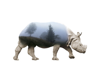 Double exposure of big rhinoceros and trees on foggy morning