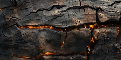 A captivating image showcasing dark charred wood contrasting with glowing orange cracks, signifying resilience and rebirth