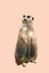Double exposure of cute meerkat and green forest