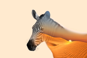 Double exposure of striped African zebra and sandy desert