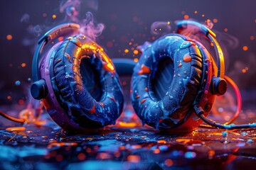 Intriguing digital art of a paint splash and smoke fusion on headphones set against a dark backdrop
