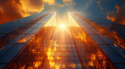 Abstract architectural background, vertical geometric shapes, sun reflection. - obrazy, fototapety, plakaty