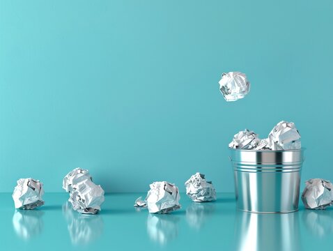 A series of crumpled paper balls aimed at an overflowing trash can, representing frustration