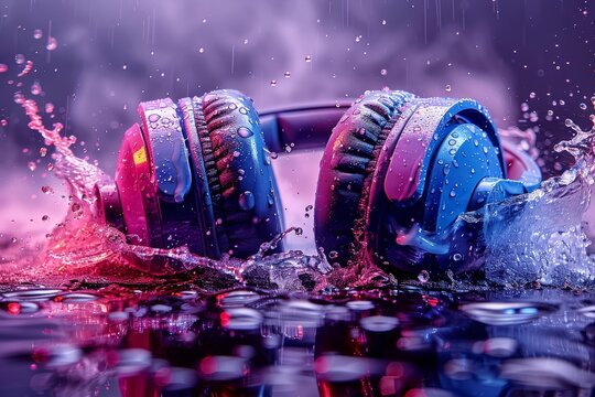 A dynamic image of headphones surrounded by splashing water with a dramatic purple lighting effect