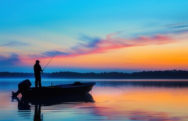 A fisherman in silhouette, standing on the edge of his boat with an outboard engine and fishing rod