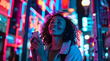Lifestyle portrait of beautiful happy woman talking on cellphone looking aside and smiling walking at city street full of neon lights at night closeup copy space : Generative AI