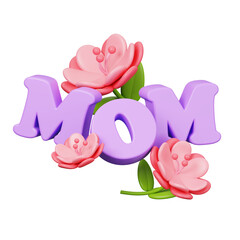 A purple 'Mom' text and a pink flower. Happy Mother's Day decoration element icon isolated. 3D illustration