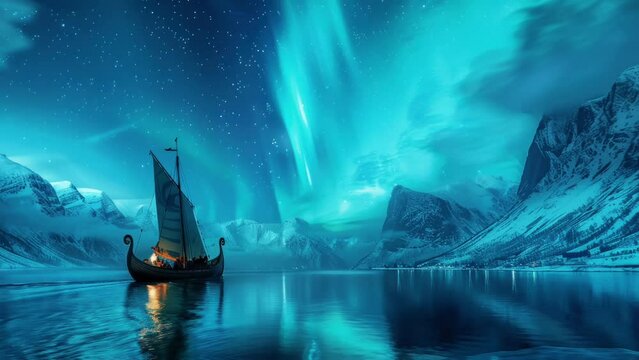 Viking ship sailing aurora lit fjords warriors ready spirits of old guiding them through the mystic north