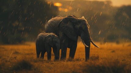 Elephant Mother Sheltering Her Calf Under Her Large Body as Rain Falls Around Them in the Savannah. Maternal Care, Motherhood, Mothers Day. AI Generated - obrazy, fototapety, plakaty