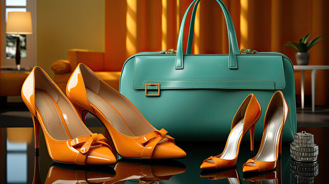 Image showcasing fashionable footwear, a handbag, and accessories, exuding a dynamic and stylish look. Perfect for capturing the essence of modern fashion and sophistication, Generative AI.