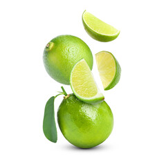 Fresh ripe limes falling on white background