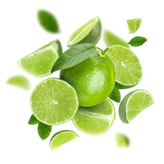Fresh ripe limes in air on white background